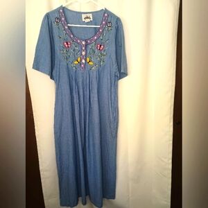 Metropolitan Butterfly Embroidered Chambray Maxi Dress Large Cottage Grandma